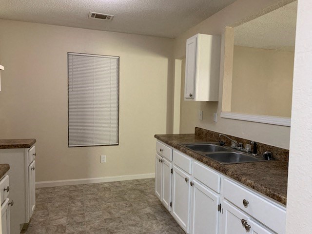 a kitchen with a sink and white cabinets