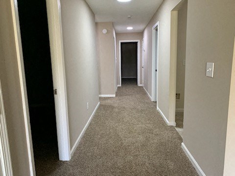 a long hallway with a carpeted floor and a door to a closet