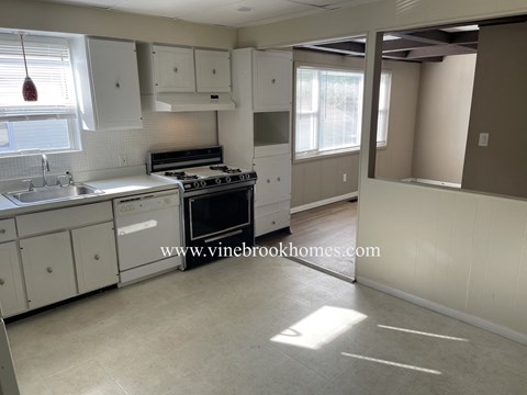 A kitchen with a stove top oven and a sink.