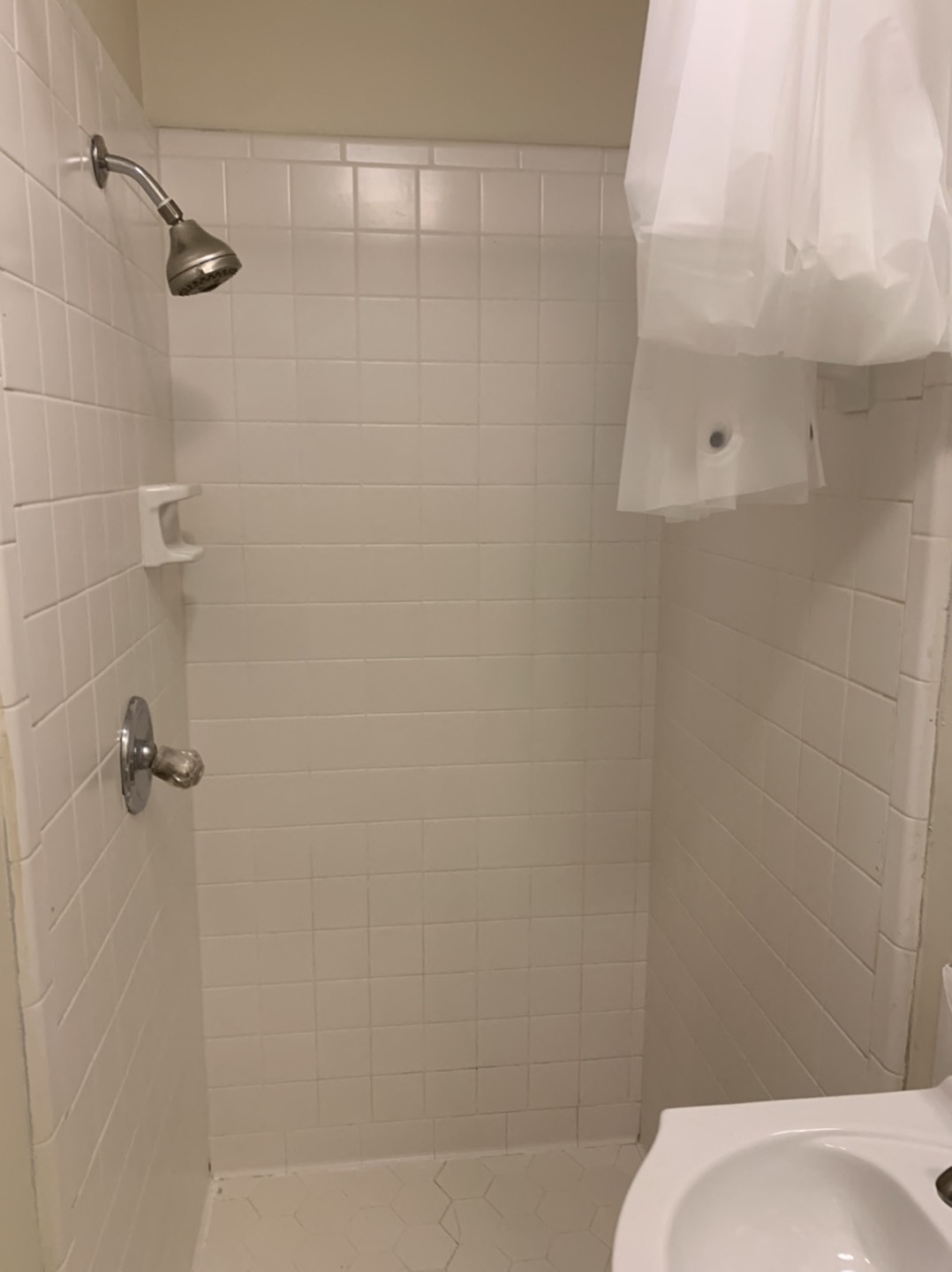 a small bathroom with a shower and a toilet