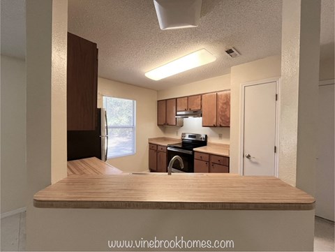 a kitchen with a wooden counter top and a sink