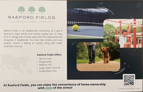 A flyer for Raeford Fields, a Vinebrook Homes community, highlighting the amenities and benefits of living there.