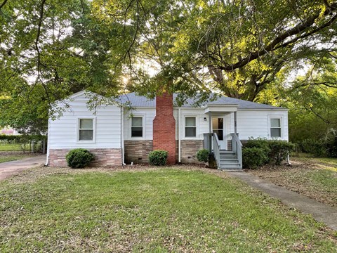 a small white house with a tree in front of it