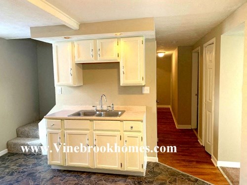 a kitchen with a sink and cabinets and a hallway