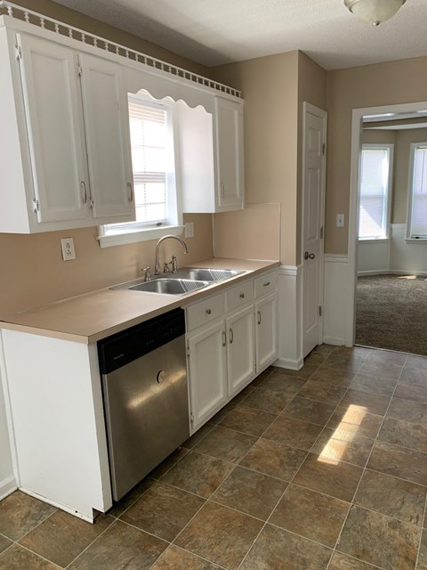 A kitchen with a sink and a dishwasher.