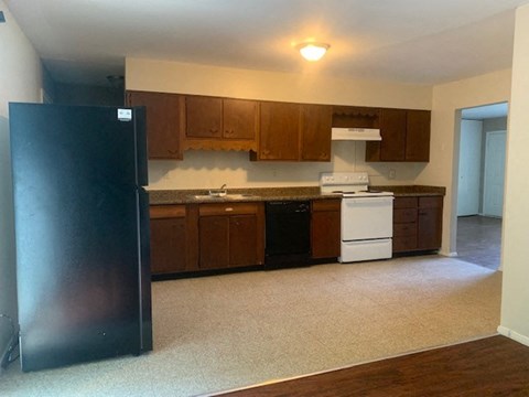 A black refrigerator stands in a kitchen with wooden cabinets and a white dishwasher.