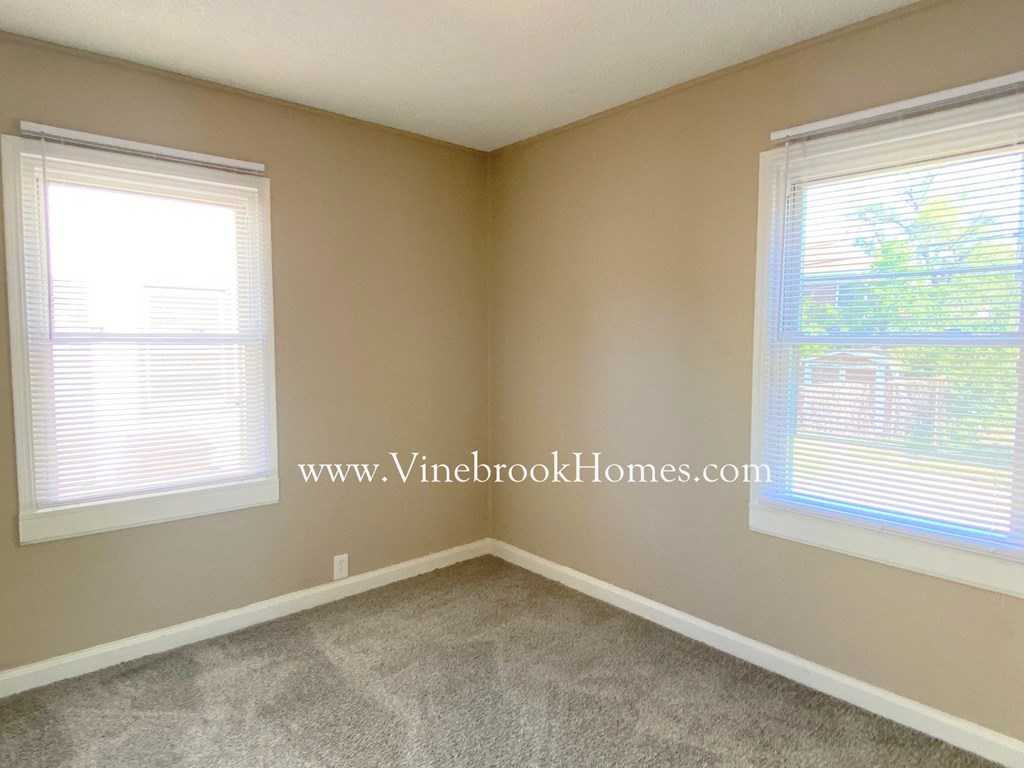 a bedroom with two windows and a carpeted floor