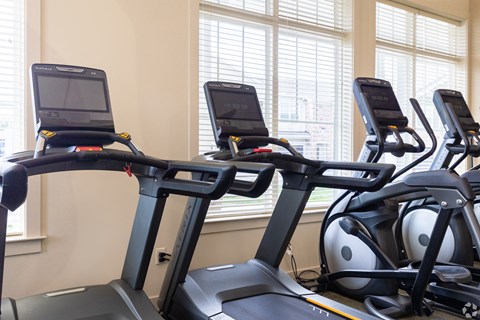 a row of exercise bikes in a gym