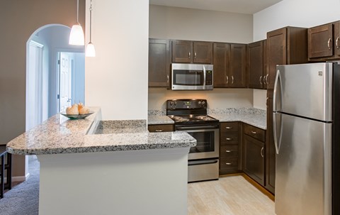 A kitchen with a granite counter top and stainless steel appliances.