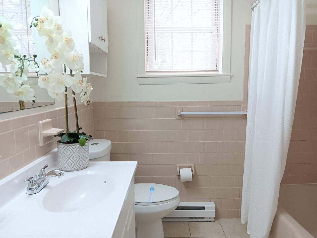 a bathroom with a white sink and a toilet and a window