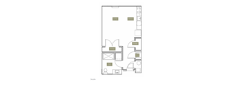 A floor plan of a studio apartment with labeled rooms.