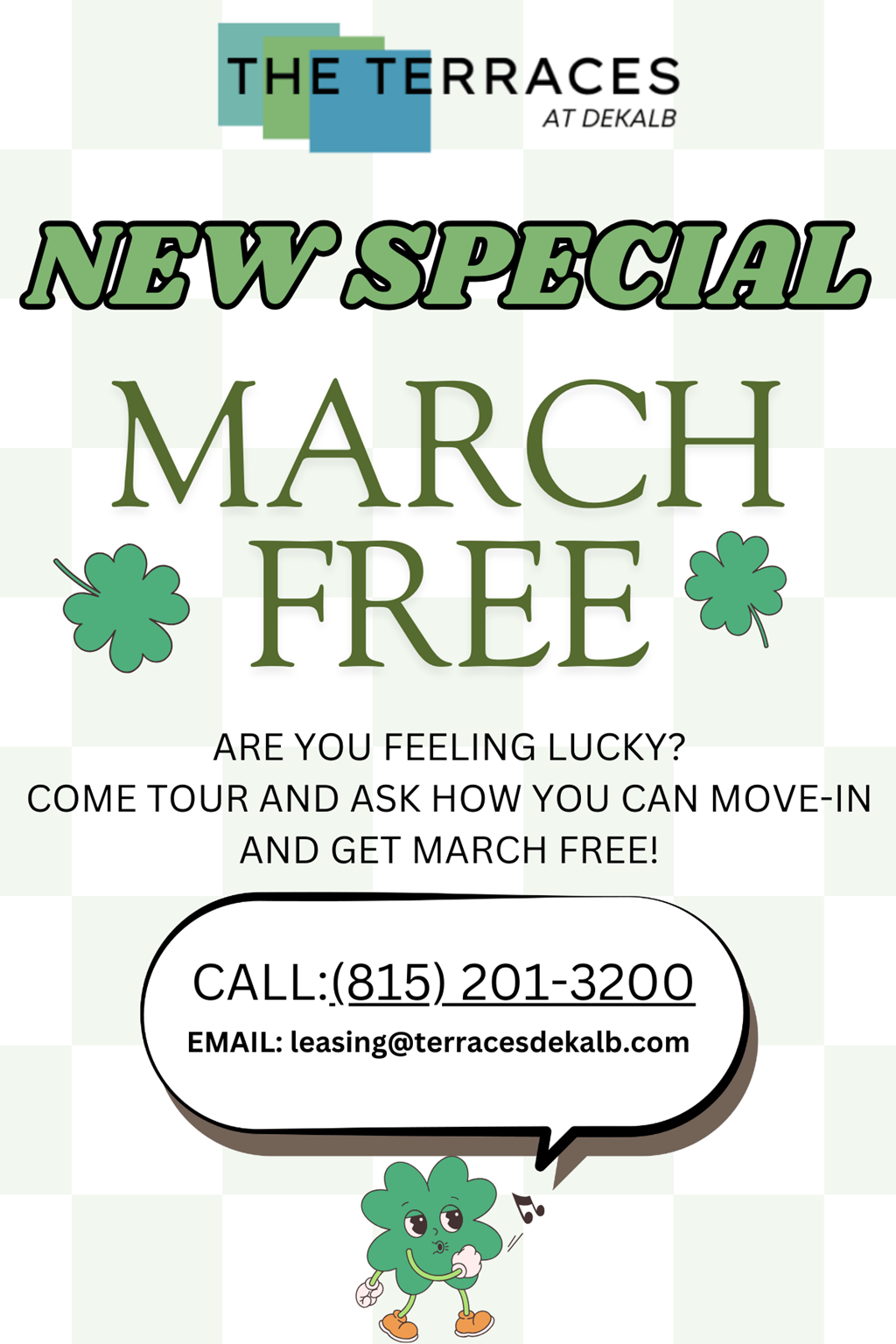 A poster advertising a special offer for March at The Terraces at DeKalb.