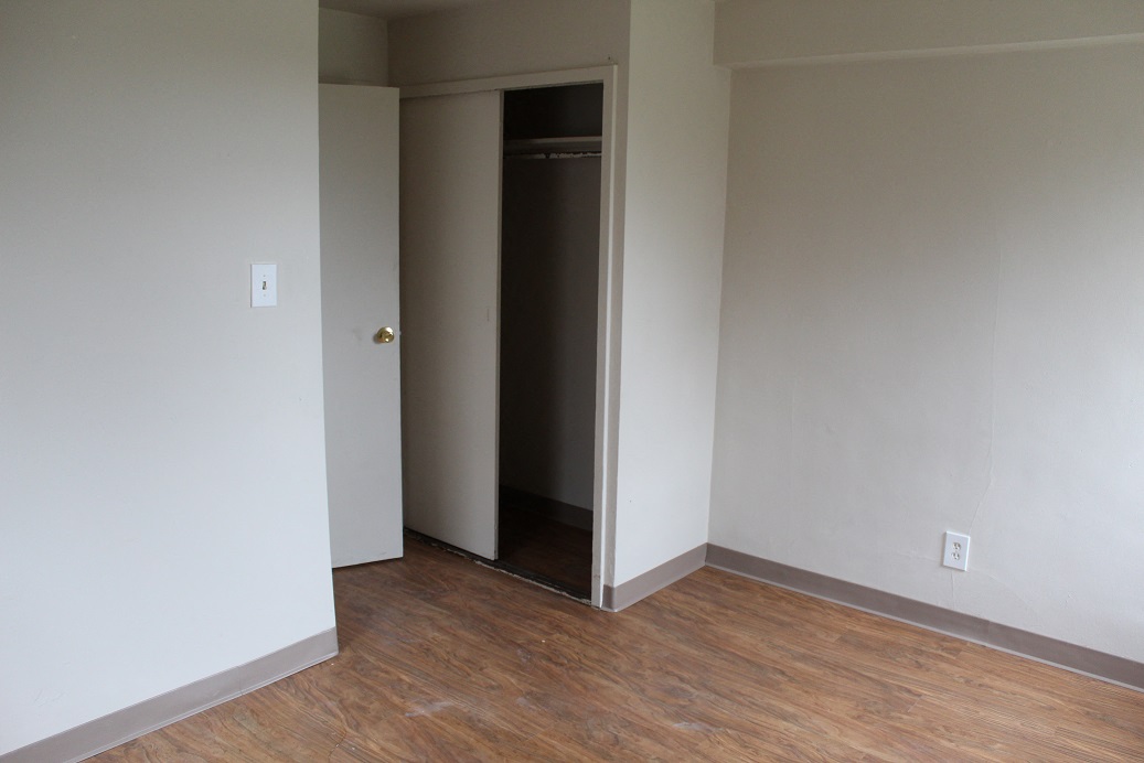 an empty room with a door open to a closet