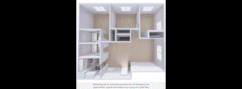 A rendering of a room with bunk beds and desks.