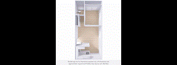 A rendering of a small, modern apartment with a kitchen area.