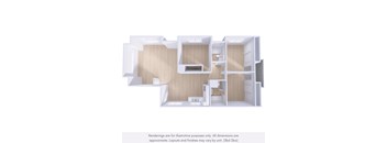 A 3D rendering of a modern, minimalist apartment layout.