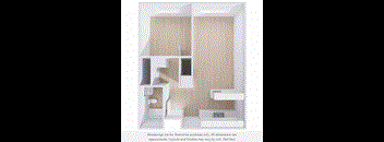 A rendering of a room with a staircase and shelves.