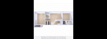 A white interior design rendering of a room with a desk, shelves, and a cabinet.