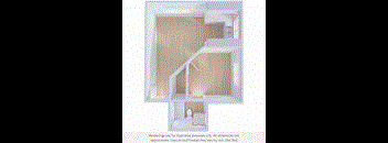 A white architectural rendering of a staircase and a bathroom.