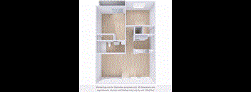 A 3D rendering of a room with a desk, chair, and shelves.