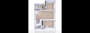 A 3D rendering of a modern apartment layout with a kitchen, living room, and bedroom.