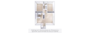 A 3D floor plan of a house with a kitchen, living room, and bathroom.