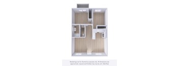A white and wood floor plan of a house with a kitchen, living room, and two bedrooms.