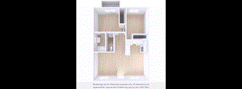 A 3D rendering of a small apartment layout with a kitchen, living room, and bathroom.
