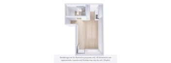 A rendering of a small, modern bathroom with a toilet, sink, and cabinetry.