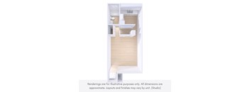 A rendering of a studio apartment with a kitchen, living room, and bathroom.
