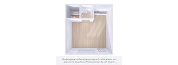 A rendering of a studio apartment with a kitchen area and a bathroom.