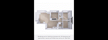 A 3d rendering of a house layout with a kitchen, living room, and bedrooms.