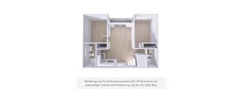 A 3D rendering of a modern, minimalist apartment layout.