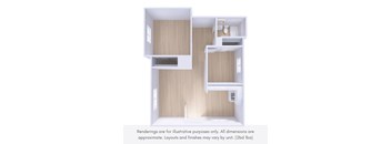 A 3D rendering of a small, modern apartment with two bedrooms and a living area.