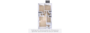 A 3D rendering of a modern, minimalist interior design layout.