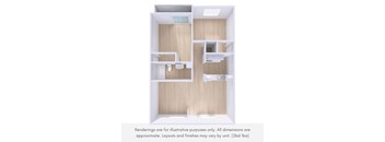 A rendering of a small, modern apartment with a kitchen, living room, and bathroom.