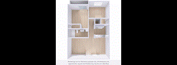 A rendering of a room with a kitchen area and a bathroom.