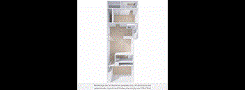 A 3D rendering of a modern apartment layout.