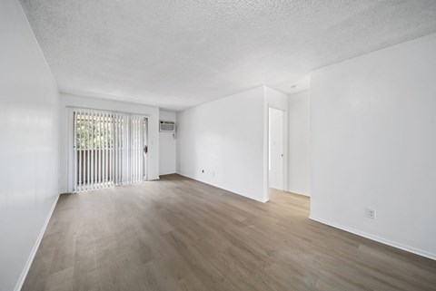 A room with a sliding door and a window with blinds.