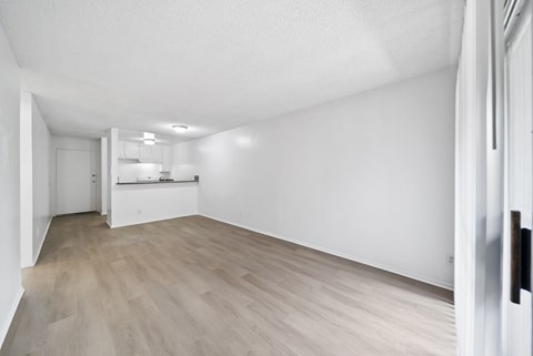 A room with a white ceiling and light wood flooring.