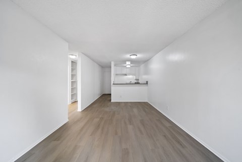 A long hallway with a white wall and wood flooring.