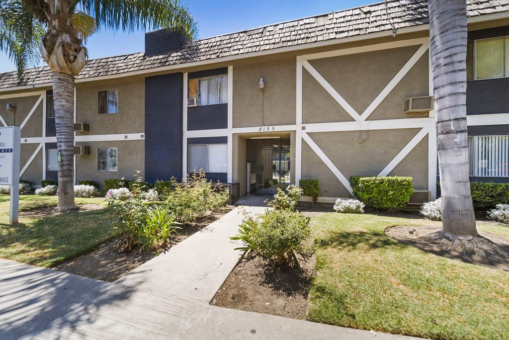 A building with a white and beige facade with a palm tree in front.