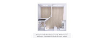 A rendering of a small, modern kitchen with a staircase.