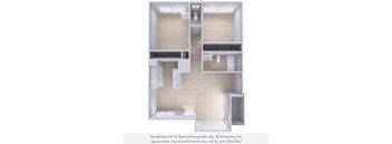 A 3D rendered image of a modern apartment layout.