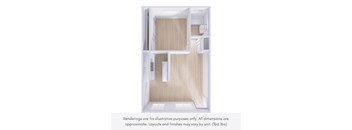 A 3D rendering of a small, open-concept apartment with a kitchen, living room, and bathroom.