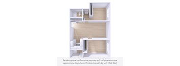 A 3D rendering of a modern apartment layout with a kitchen, living room, and bedroom.