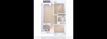 A rendering of a small, modern bathroom with a toilet, sink, and shower.