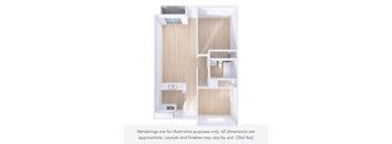 A 3D rendering of a small apartment layout with a kitchen, living room, and bathroom.