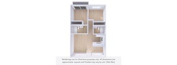 A 3D rendering of a small, modern apartment with two bedrooms and a kitchen.