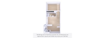 A 3D rendering of a modern apartment layout with a kitchen, living room, and bathroom.